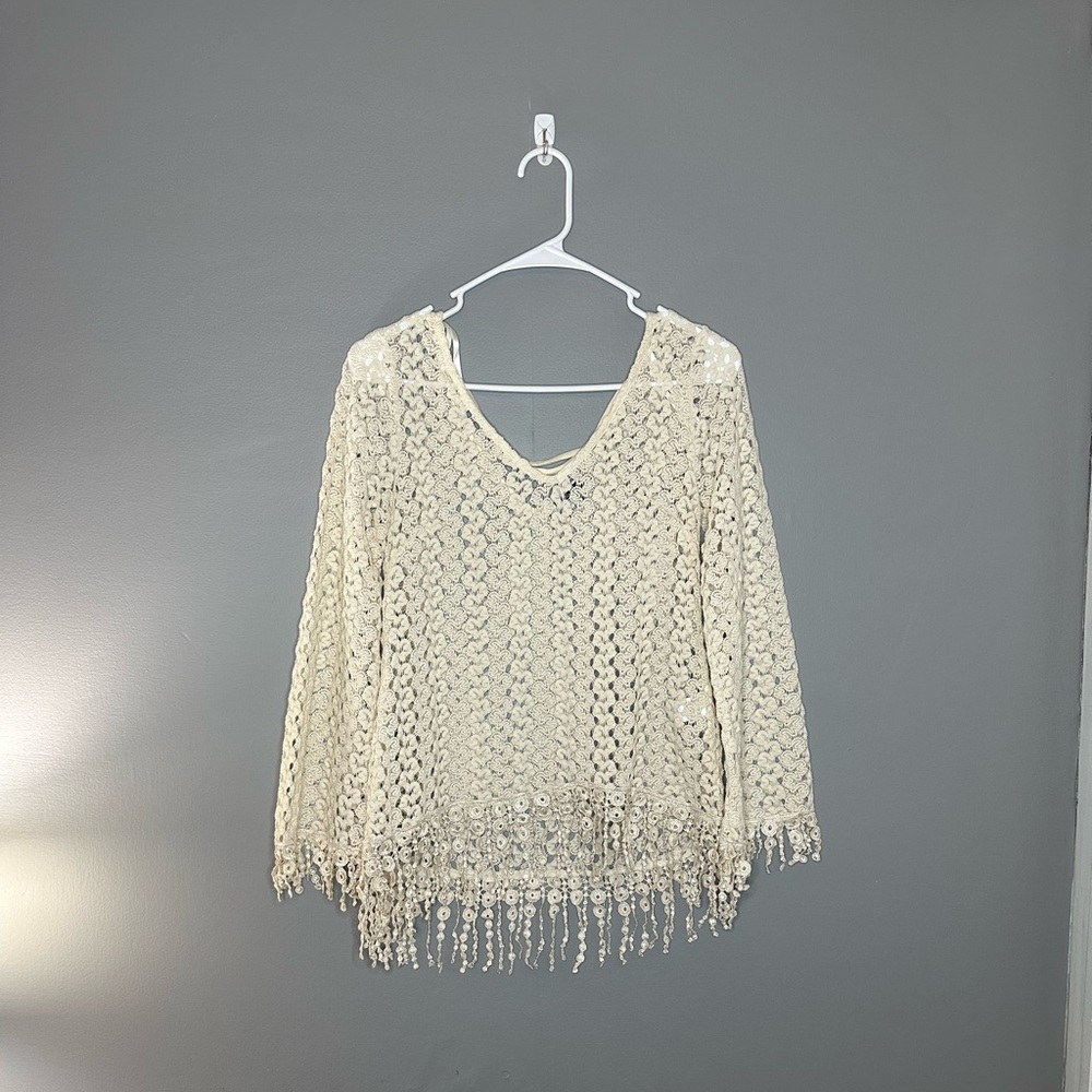 Cream Crochet Fringe Top